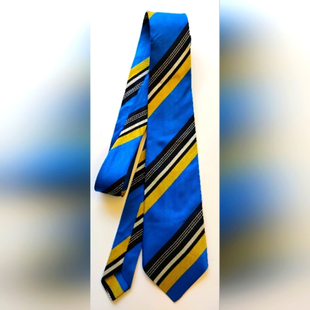 Vintage 60's Retro Neck Tie 53"×3.25" Electric BLUE Gold Striped Acetate V-3